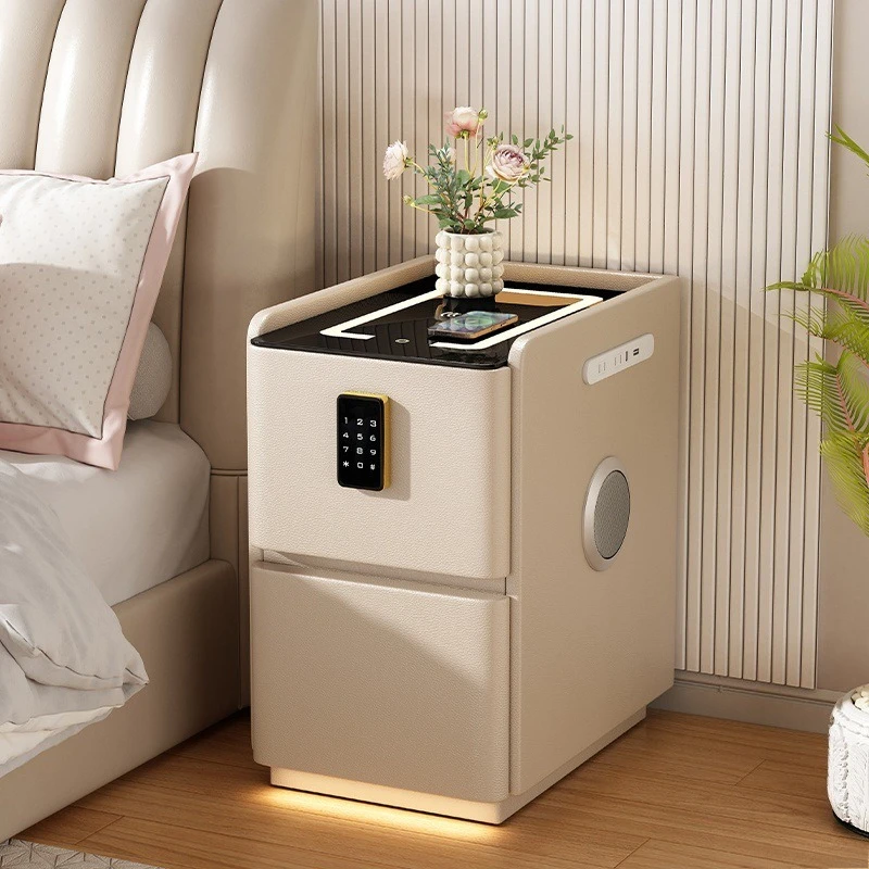 Smart Bedside Table Multifunctional Home Advanced Free Installation with Socket Password Lock Wireless Charging Bedroom Leather