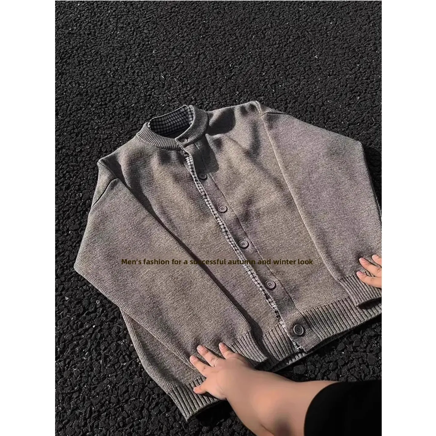 

Retro Japanese Plaid Splicing Open Cardigan Sweater Men's Winter Lazy Sle Thiened Loose Knitted Outerwear