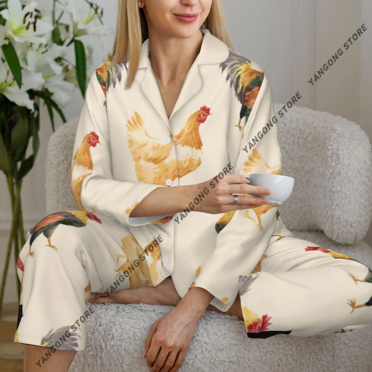 

Женские пижамы с длинными рукавами, домашняя одежда для девочек, комплект из двух предметов, пижамы с акварельным узором петуха на осень-весну