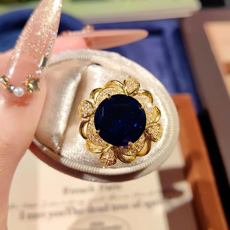 Luxurious Sparkling Zircon Blue Necklace Earring Ring Elegant Gold Color Flower Brushed Jewelry Set For Women KOFSAC