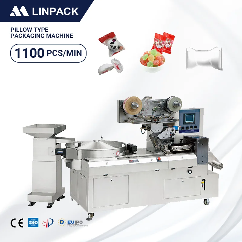 LINPACK Pillow Type Flow Pack Sweet Packing Machine Small Automatic Candy Confectionery Gummy Jelly Wrapping Packaging Machine