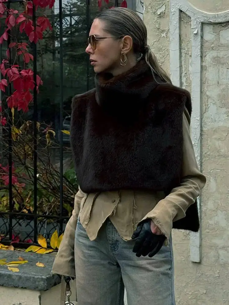 

Turtleneck Furry Warm Vest Sleeveless Jacket Coat Faux Fur Top Women Trendy Winter Clothes