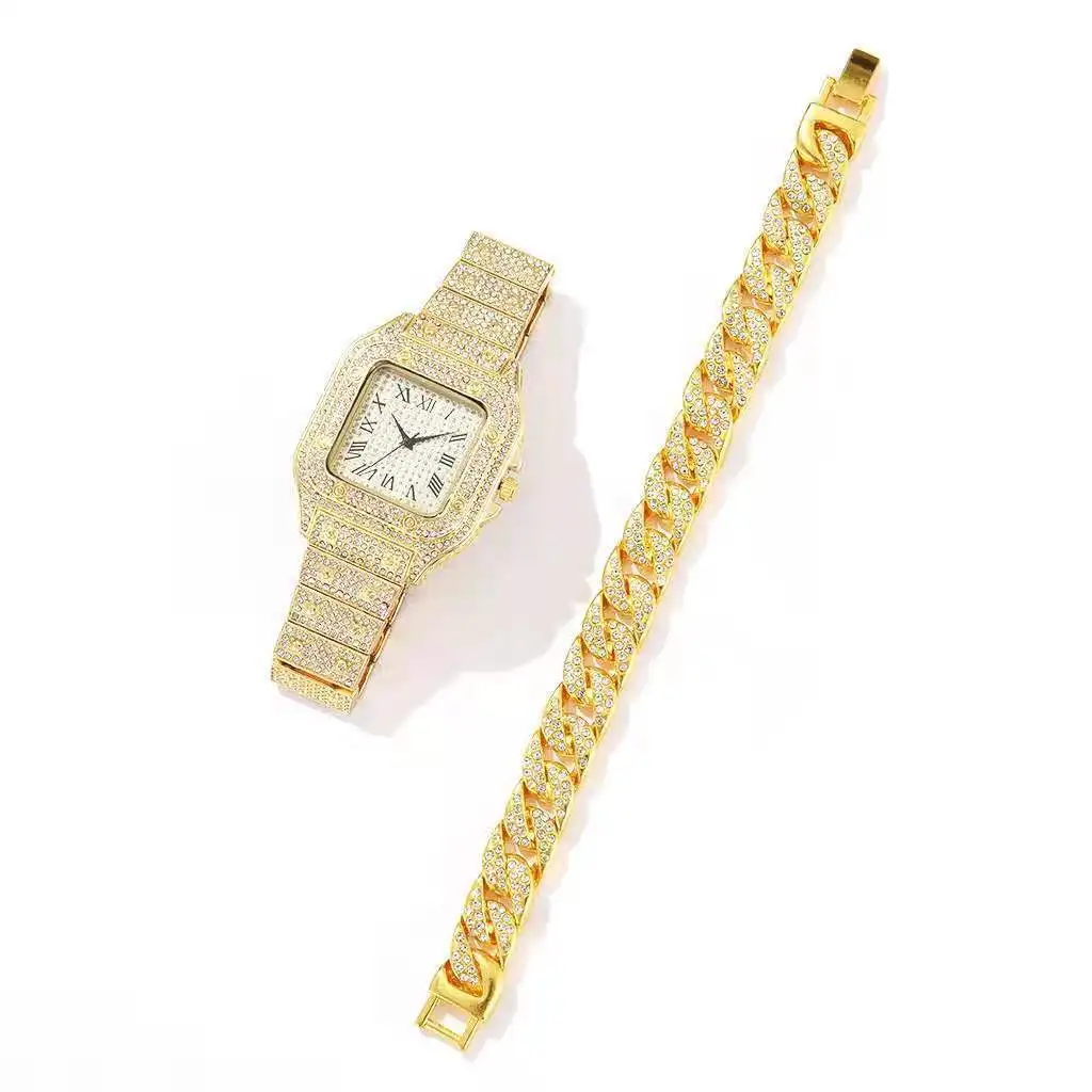 Men\'s Rhinestone Square Big Dial Hip Hop Watch + Rhinestone Chain Zinc Alloy Bracelet Set