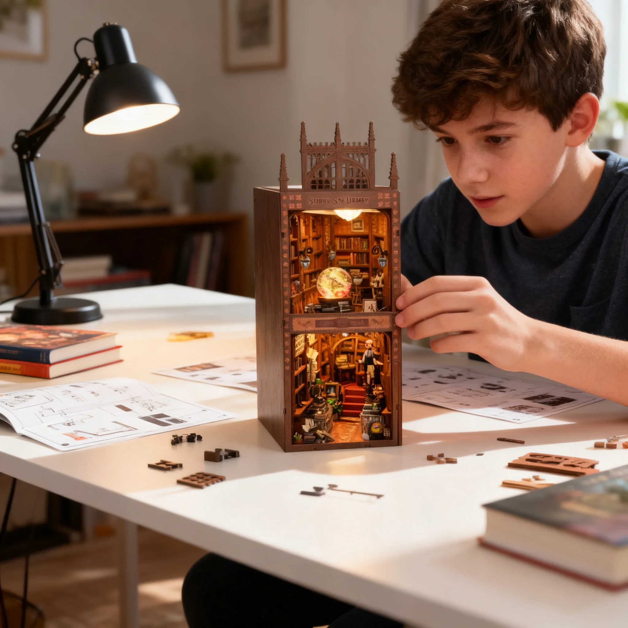 Starry Library DIY Dollhouse Bookend – 3D Wooden Puzzle Building Blocks Kit, Creative Birthday Gift Figurine Model Home Decor