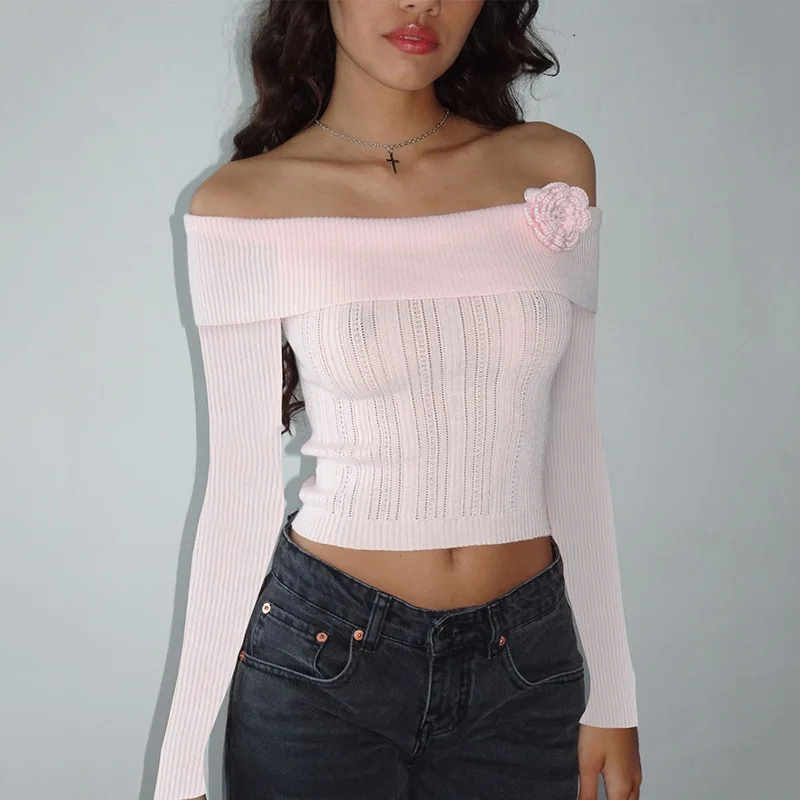 

Women 3D Flower Decor Knit Sweaters Autumn Winter Off Shoulder Long Sleeve Solid Color Cropped Pullovers Tops Knitwear Y2K