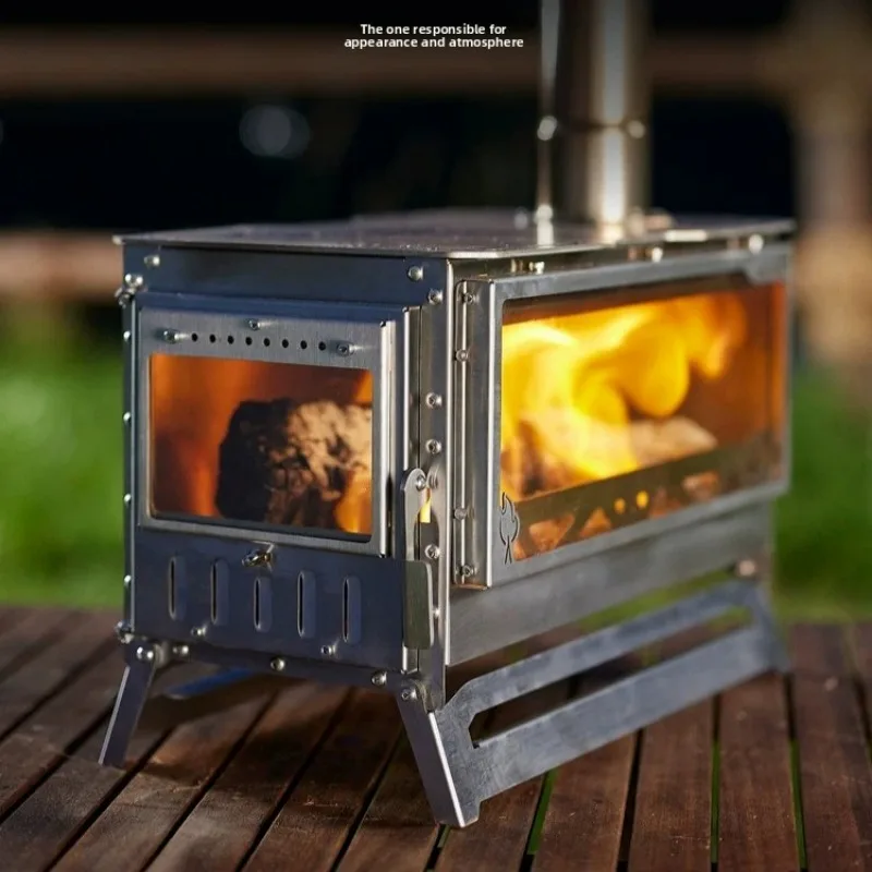 Portable Folding Stainless Steel Camping Wood Stove, 2 Side View Fire Pit for Tent Heating Cooking & Tea Boiling