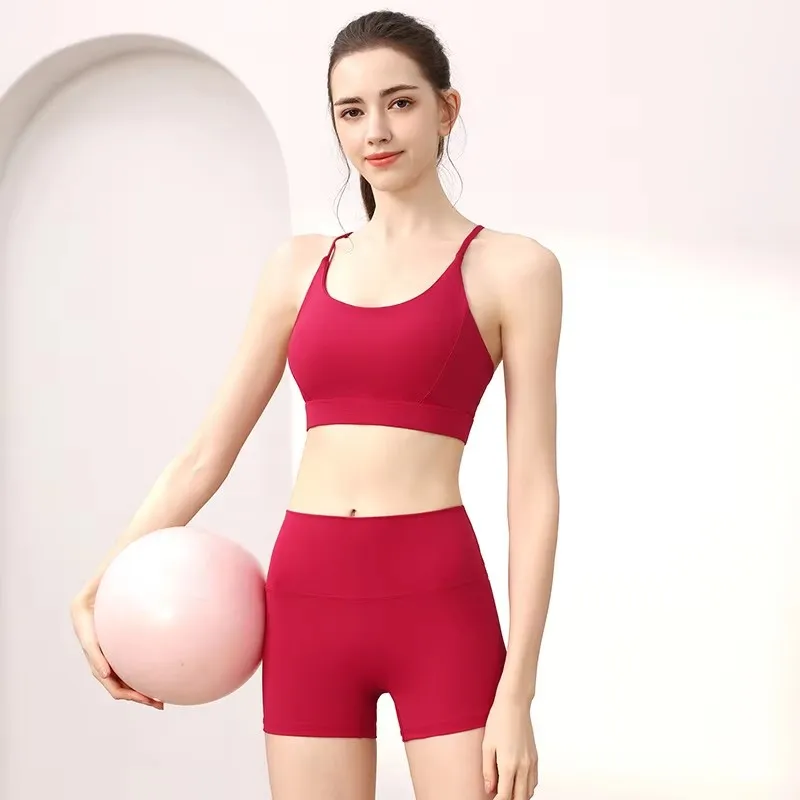 Women's High-Waist One-Cup Sports Bra Yoga Suit Shorts Hip-Raising High-Elastic Fitness Running Three-Point Pants