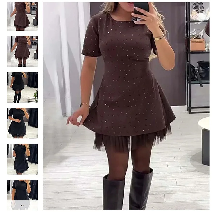 Sexy Women's Bodycon Dress with Rhinestone Lace Trim Short Sleeve Crewneck Dresses for Spring Summer