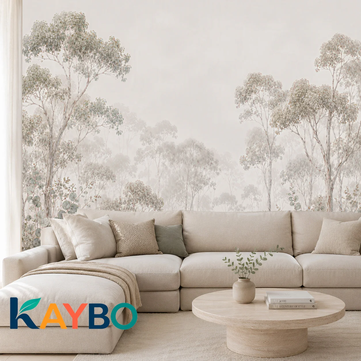 Beige Eucalyptus Forest Wall Mural Wallpaper Soft Watercolor Woodland Accent Wall Living Room Bedroom Decor Paste Required