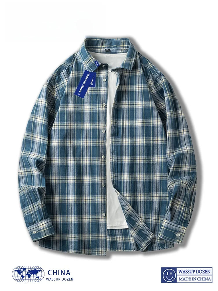 

Wassup Dozen Premium Plaid irt Jaet, повседневный мужской отложной воротник, весенний длинный волокно из полиэстера большого размера