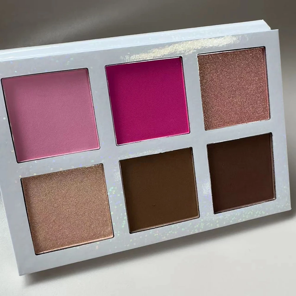 개인 상표 블러쉬 파우더 맞춤형 로고 6 색 방수 안료 사각형 구멍 하이라이트 블러셔 컨투어링 팔레트 페이스 메이크업