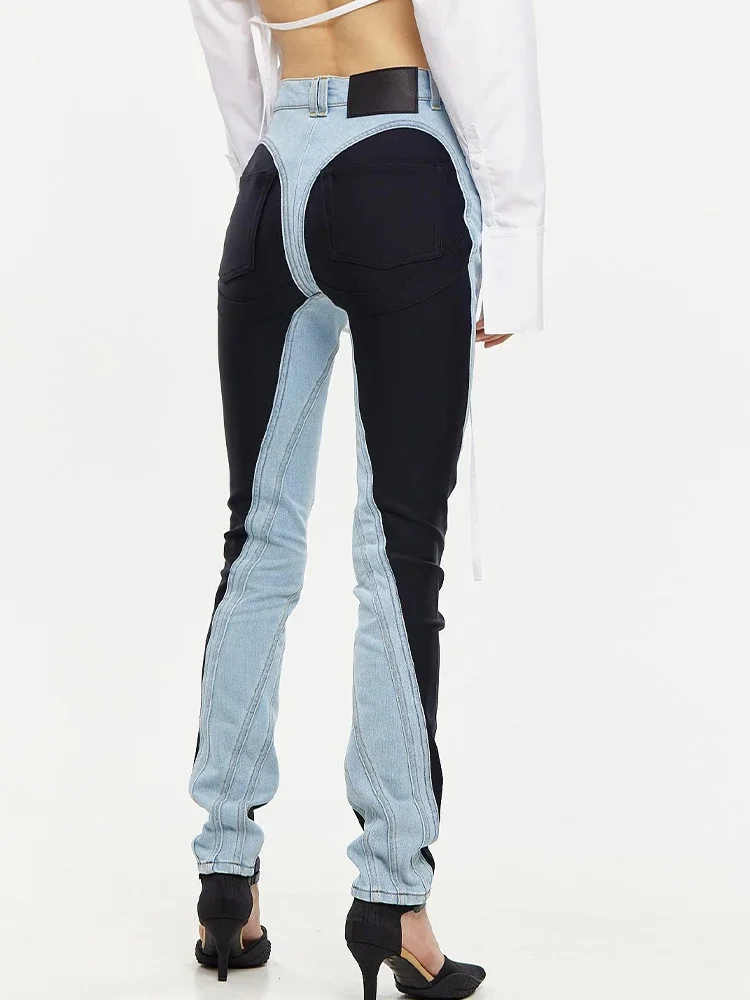 

Лоскутные женские джинсы с цветными блоками и высокой талией, тонкие повседневные прямые джинсовые брюки-карандаш, женская мода