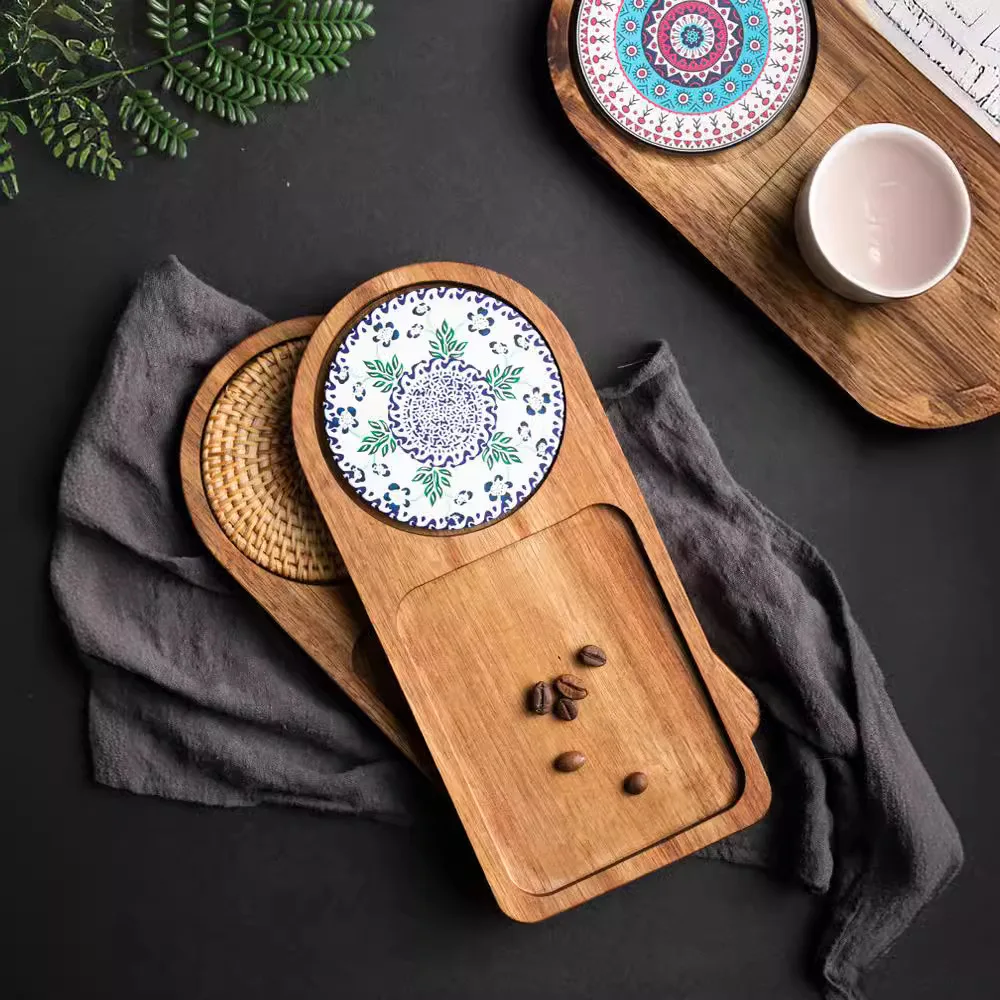 Acacia Wood Tea Tray Food Oval Plate Wooden Serving Breakfast Sushi Snack Bread Dessert  Cup Trays for Decoration