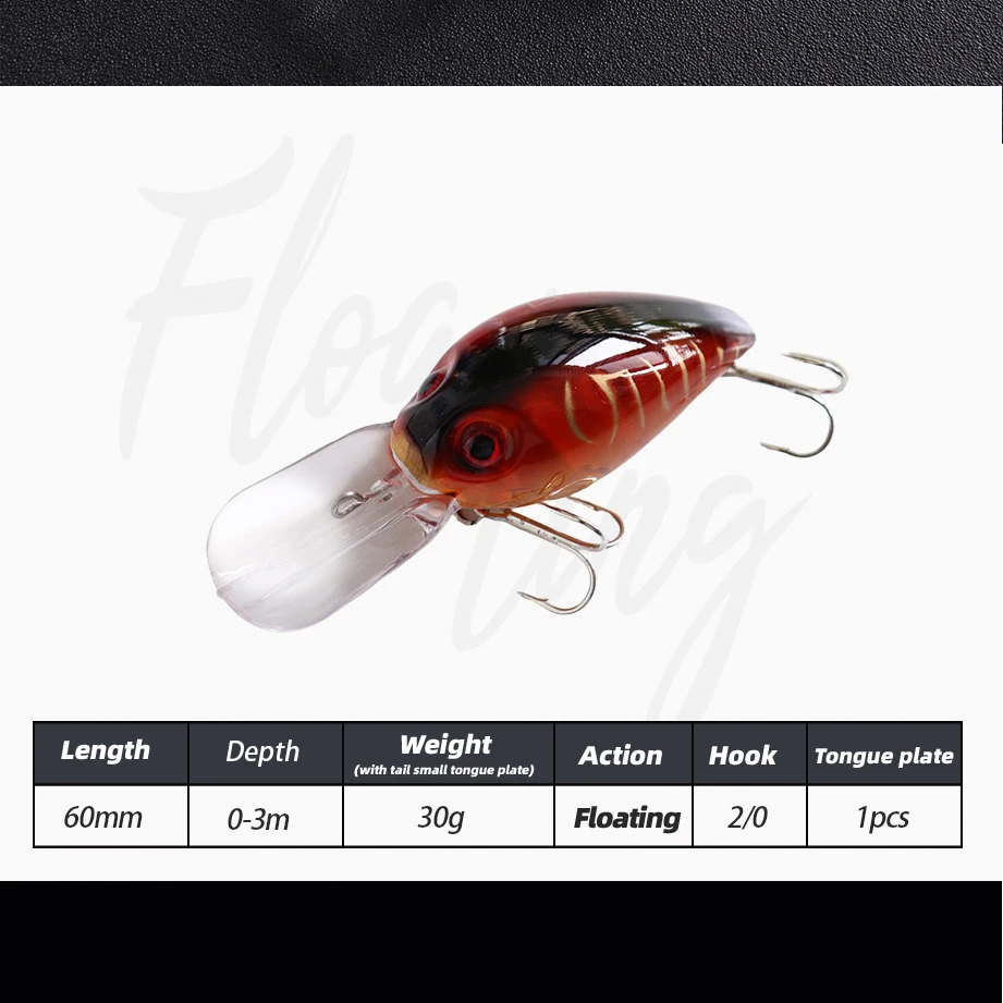 Shuangsheng 60mm Deep Diving Fast Floating Topwater Storm Crankbait 22g Bass Fishing Lure