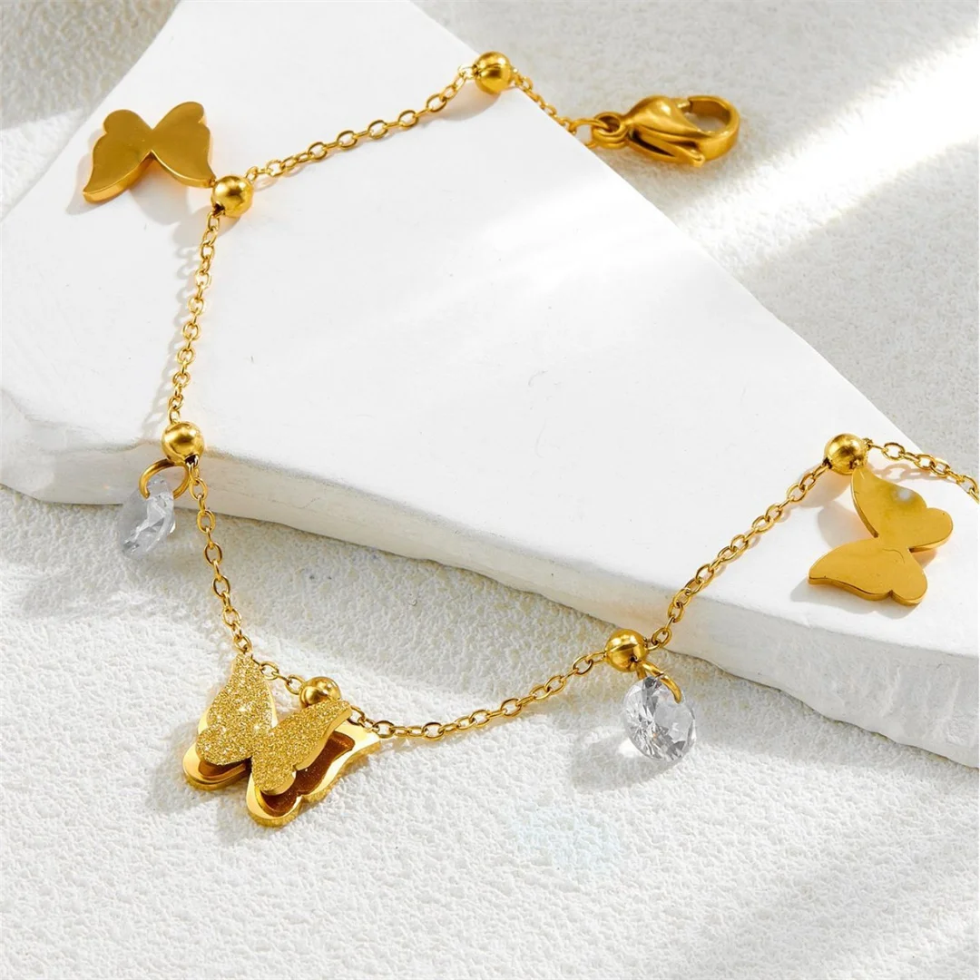 Punk Fashion Zirconia and Butterfly Charm Bracelet Female Gold Color Stainless Steel Chain Link Bracelet for Women Jewelry Gift