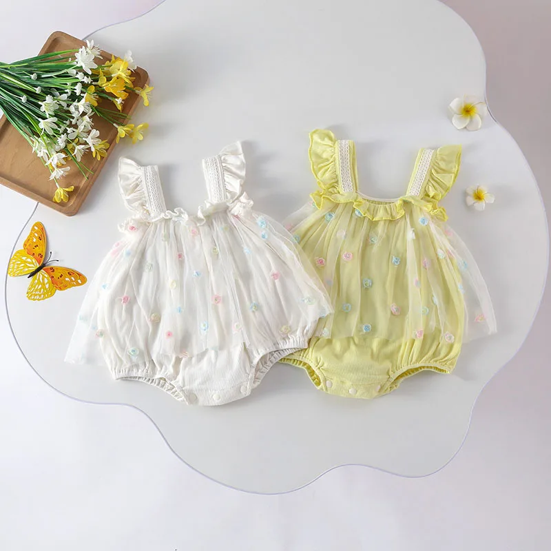 2024 New Summer Girls Flower Bodysuit Baby Sweet Lace Mesh Princess Dress Infant Cute Flower One Piece Toddler Jumpsuit