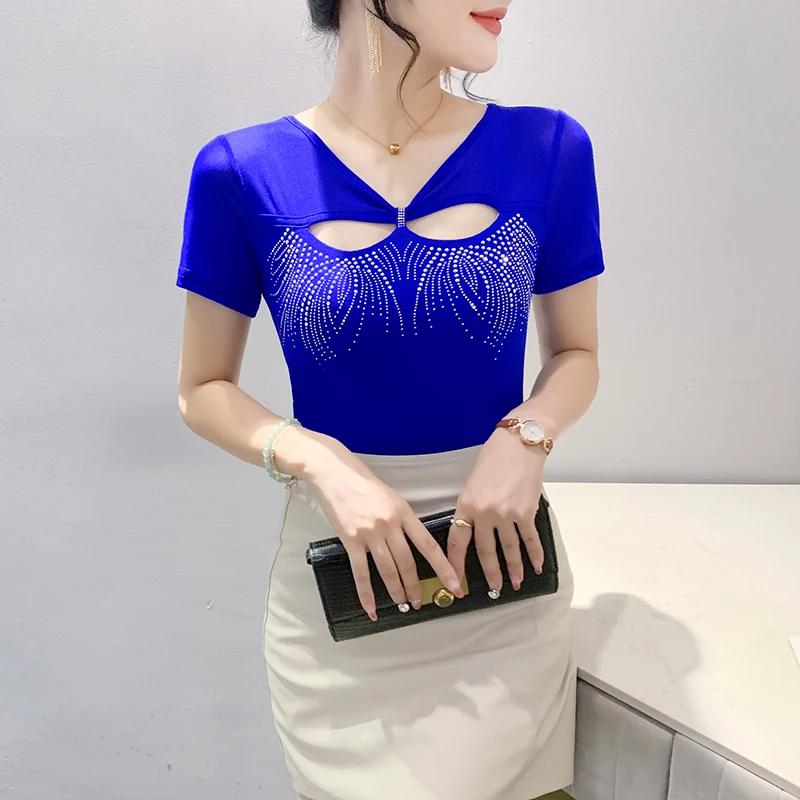 Sexy oco para fora v-ne camiseta feminina ort sve faionable strass me topo na moda rua sle verão wear