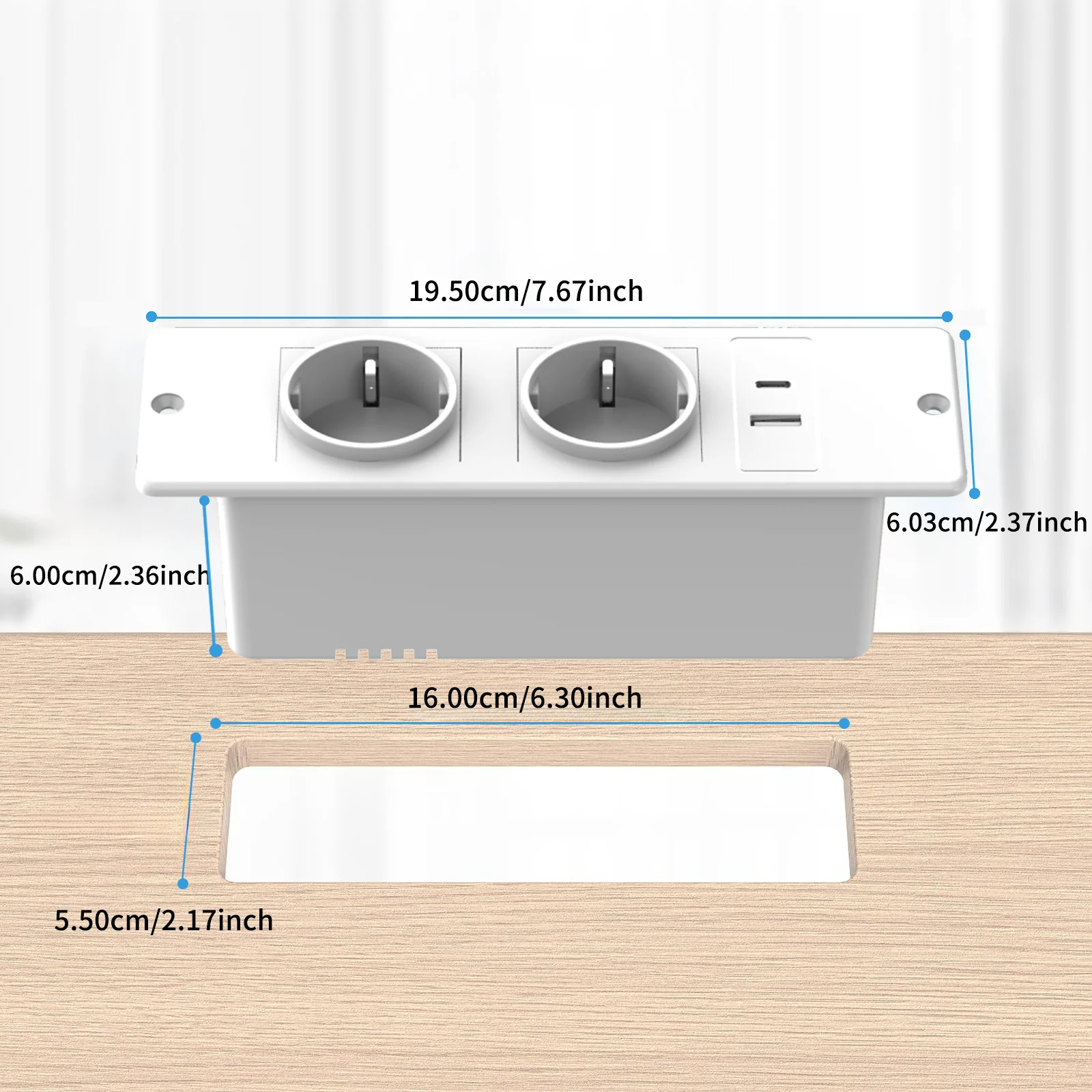 EU White Recessed Power Strip Multi Outlet Extension Cord with USB A & USB C Ports Built-in Socket for Desk Worktop Furniture