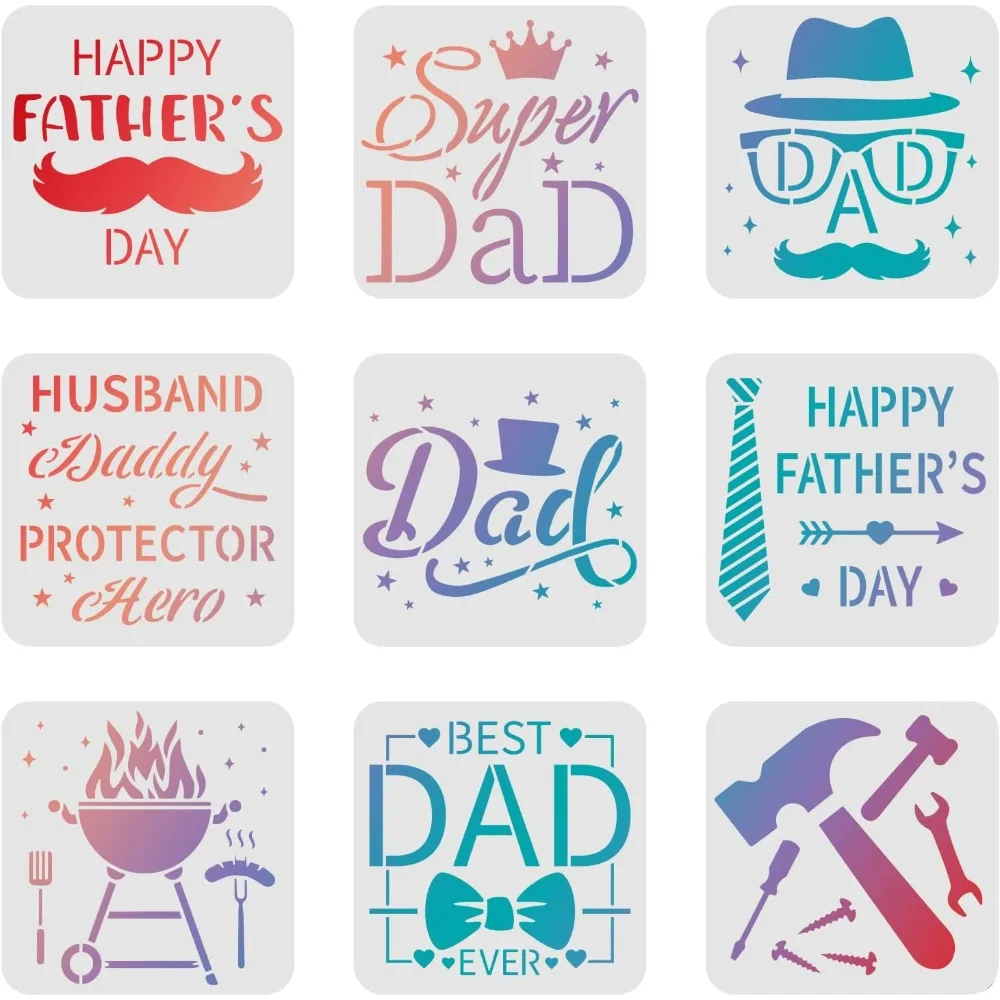 

9 Pcs Happy Father's Day Stencil, 7.9x7.9 Inch Reusable PET Stencils for Create DIY Father's Day Gift Home Decor Drawing