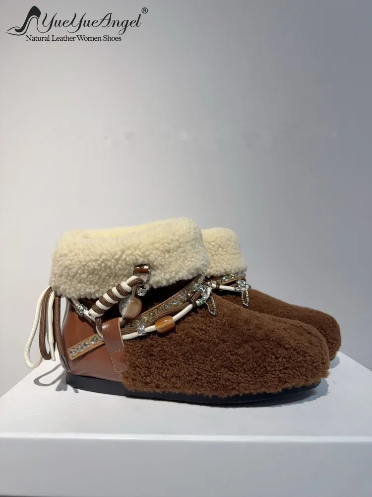 Women Winter Comfortable Round Toe Snow Boots Lace Up Beading Patchwork Sheepskin With Wool Flat Shoes Thicken Warm Wool Lining