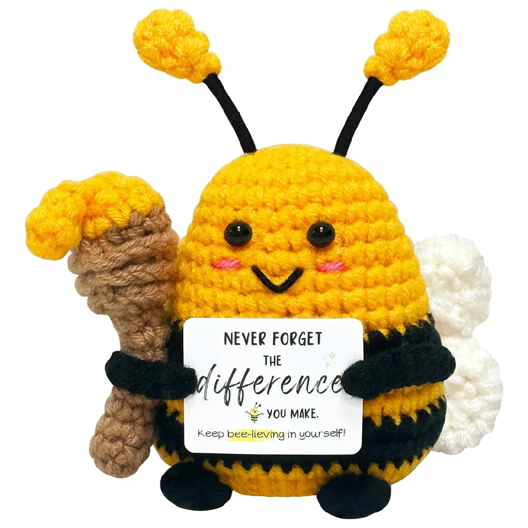 Funny Crochet Positive Energy Torch Bee Doll with Card Home Room Decoration Handmade Knitted Torch Bee Ornament Christmas Gift