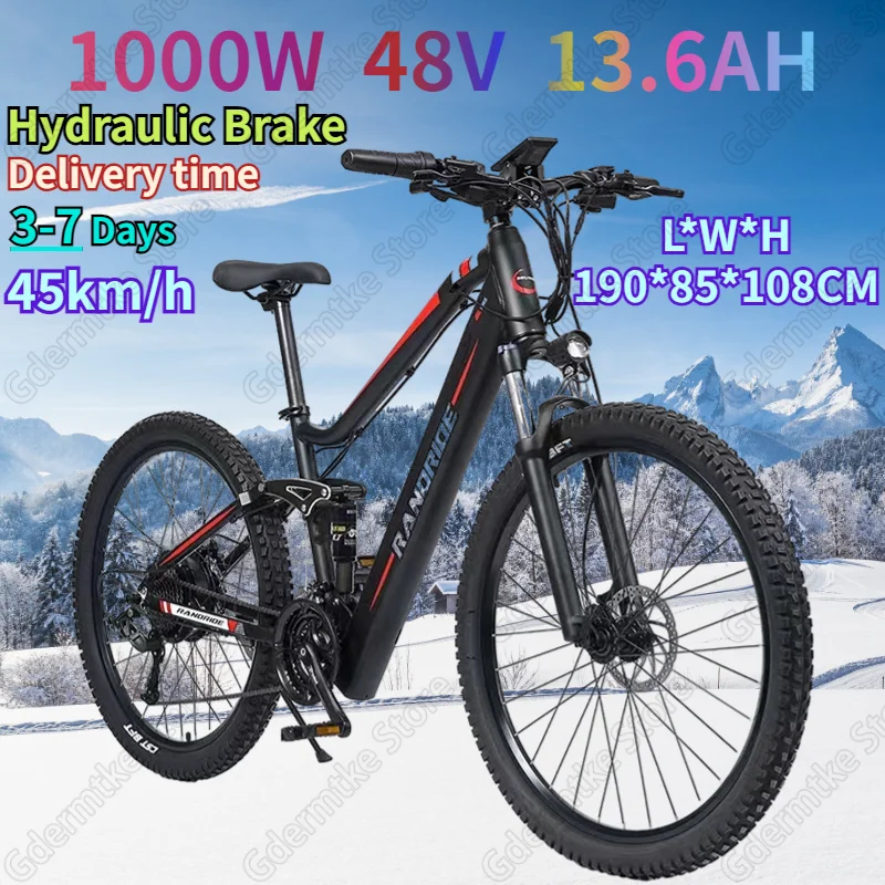 E Bike 1000W Motor 48V13.6AH Hidden Battery Hydraulic Brake Electric Bike Mountain All Terrain 26-inch Fat Tire Electric Bicycle