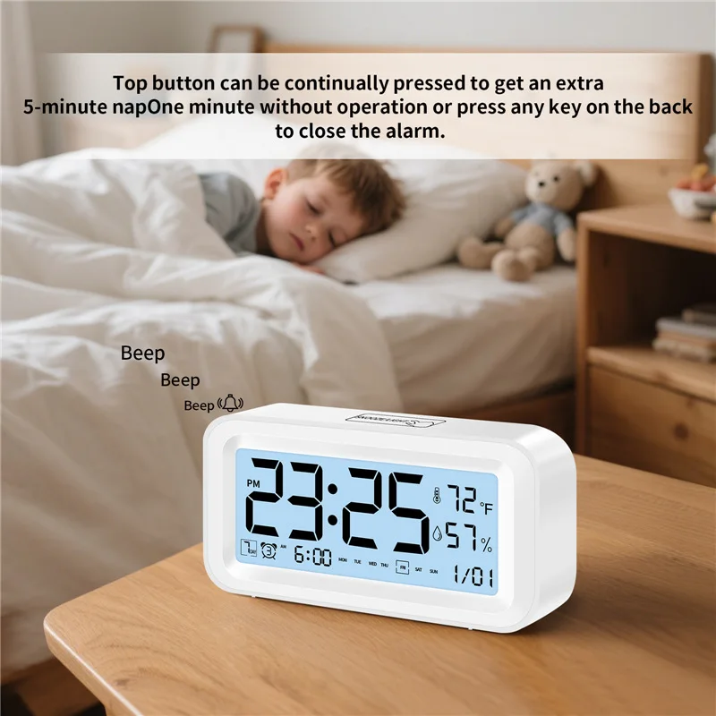 Digital LED Clock with Temp & Humidity Sensor, Adjustable Brightness, Dual Alarm Mode for Home Office