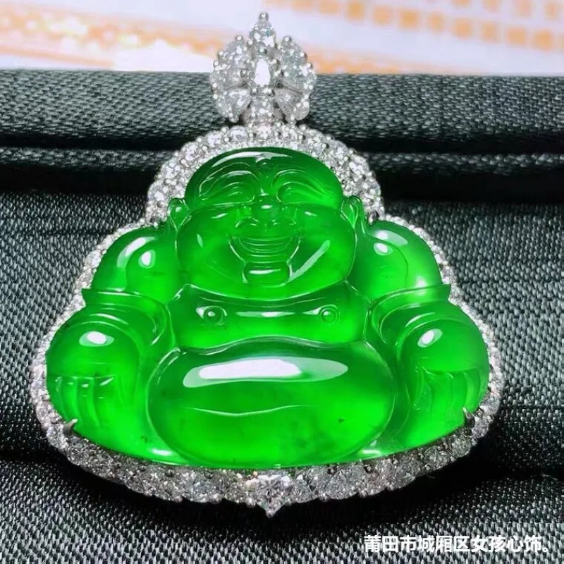 

Natural Emerald Pendant Emperor Full Green Inlaid Maitreya Smile Buddha Statue Myanmar Mine Timber Jade Neckla