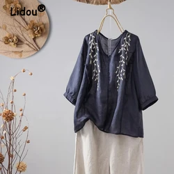 Womens Vintage Ethnic Style Embroidery Cotton Linen Blouse Summer V Neck Short Sleeve Shirt Casual Solid Loose Tops Blusas Mujer