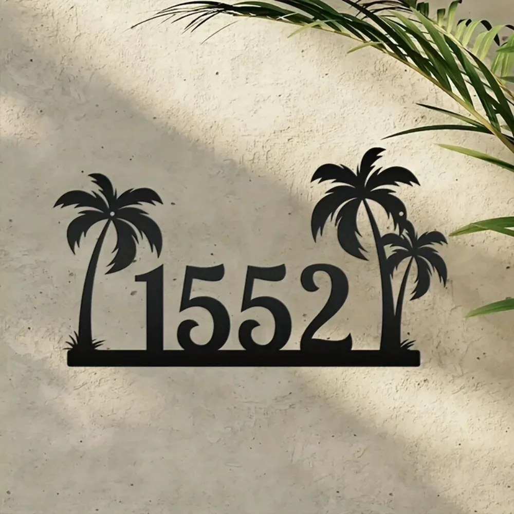 Striking Custom House Sign, Blending Address and Tropical Palm Tree in Metal, Perfect for Coastal Homes' Outdoor Spaces' Beauty