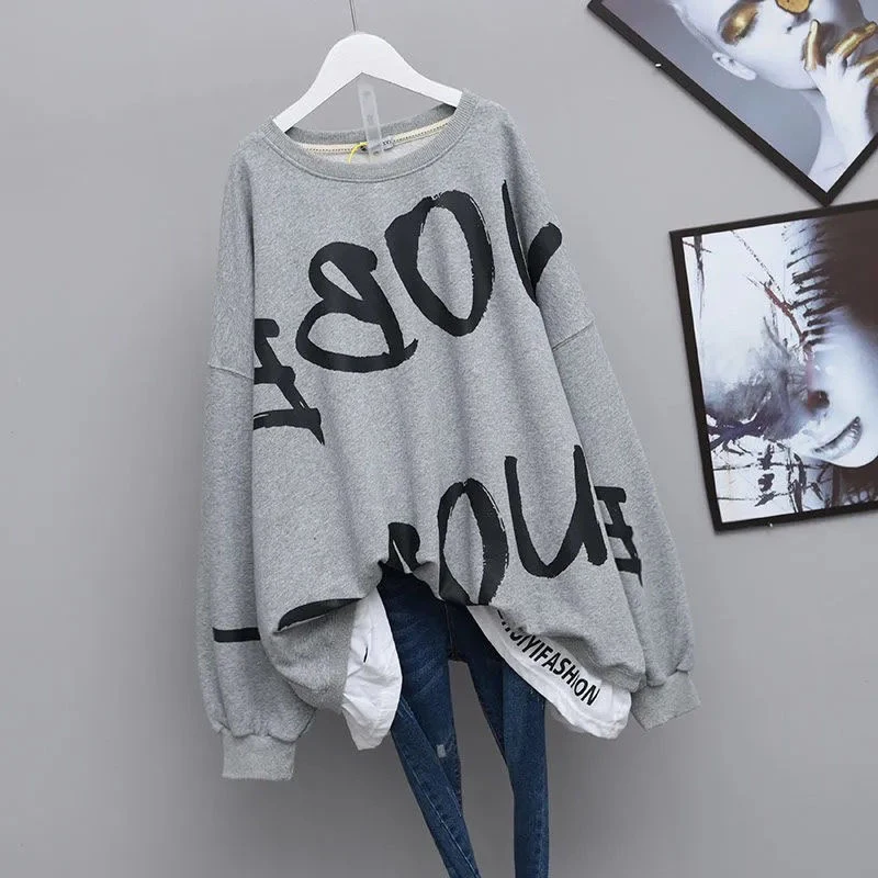 Y2K Vintage Letter Print Cotton Pullover, moletom de grandes dimensões, Jumpers casuais soltos, rua buraco quebrado, todos os jogos, outono, inverno