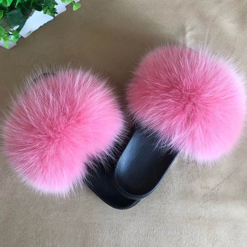 Real Fox Fur Slippers For Women Casual Fluffy Non-Slip Slippers Ladies Shoes Large Size Fur Slides Outdoor Plush Fur Slippers