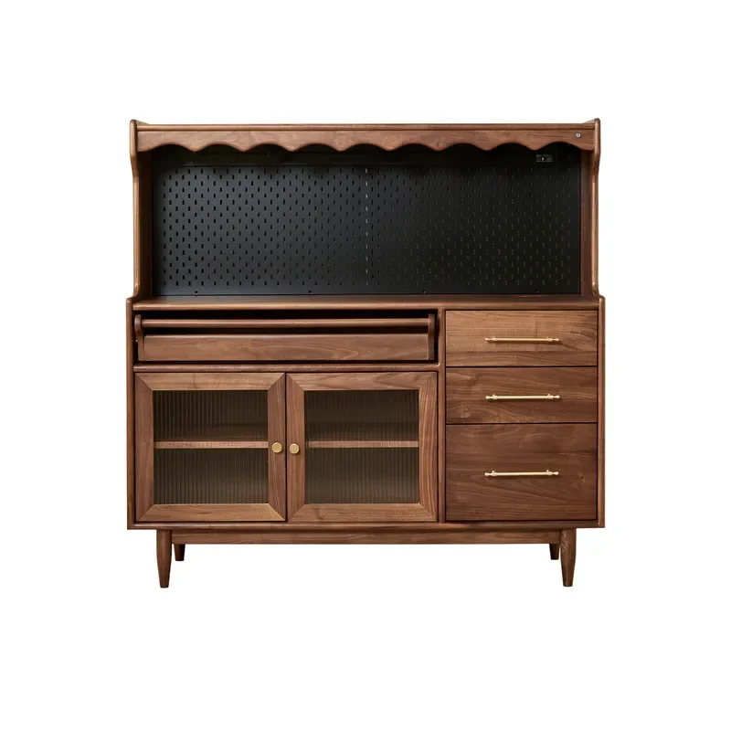 Solid Black Walnut Sideboard Cabinet Wall Mounted Storage Console Table with Wine Rack Hole Board Track Modern Dining Room