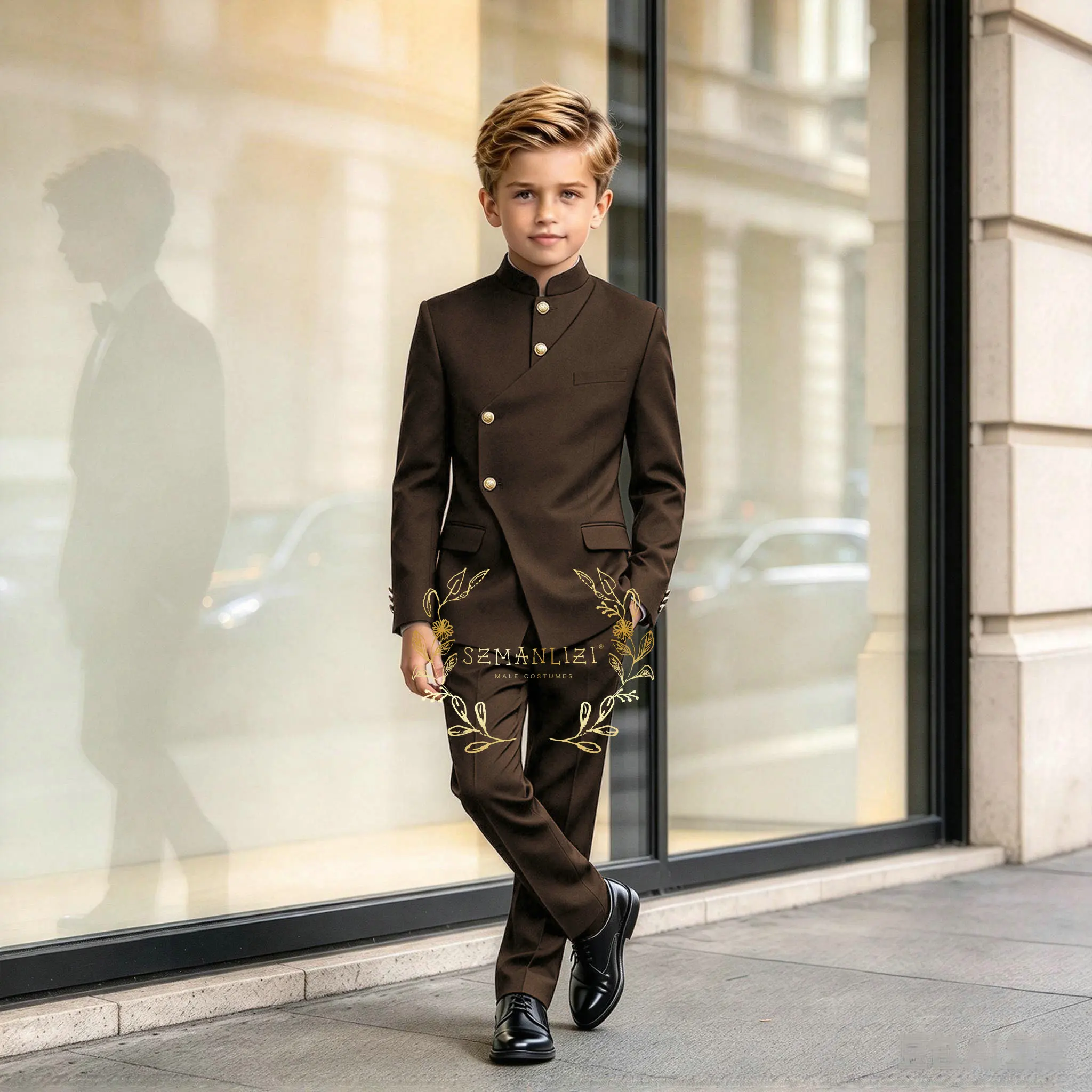 Brown Boy's Stand Collar African Style Elegant Suits For Kids Slim Fit Formal Tuxedos Prom Flower Boy Blazer Costume Homme