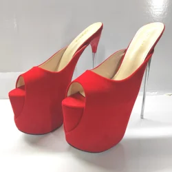 Summer Performance Red Shoes Woman Shallow Mouth Slipper Peep Toe 19cm Thin Heels Pumps Sapato Feminino Catwalk Shows Stilettos