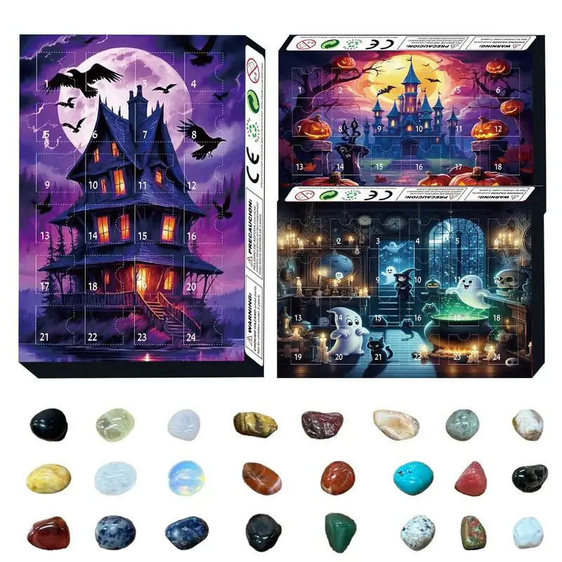 Halloween Advent Countdown Kalender 24 Tage Edelstein 2024 Kalender Advent Horror Ornamente für Festival Home Tisch dekoration