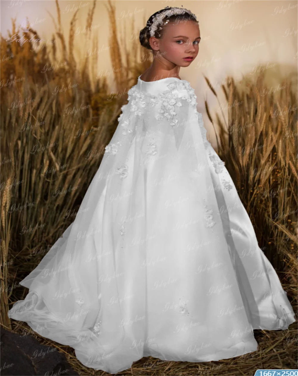 

Custom White Satin Elegant Girl Dress Pearl Flower First Communion Birthday Banquet Show Princess Event Dress