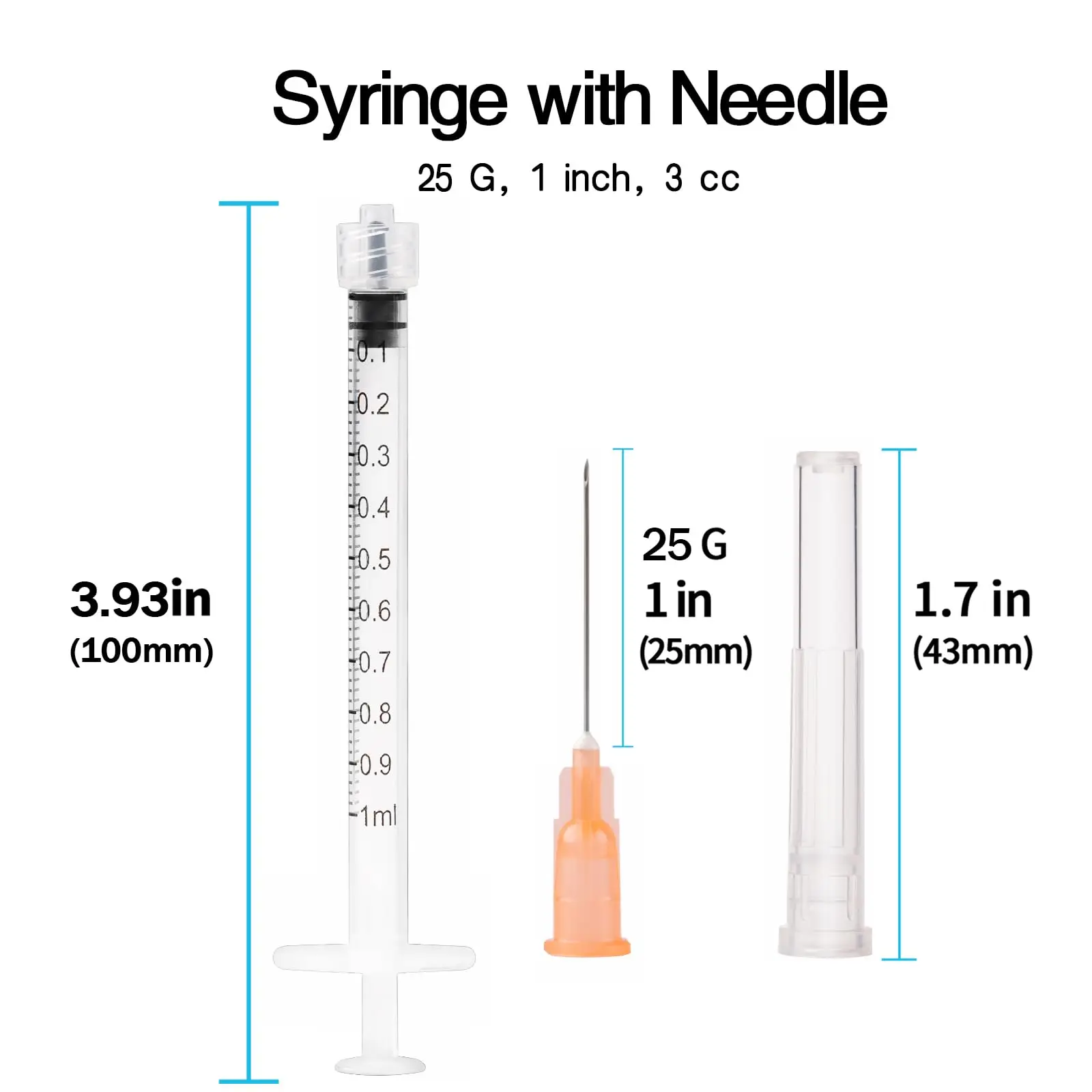 100pcs 1ml/cc Luer Lock Syringe With 25G 1inch Needle, Sterile Individually Package for Scientific Labs, Industrial Adhesives