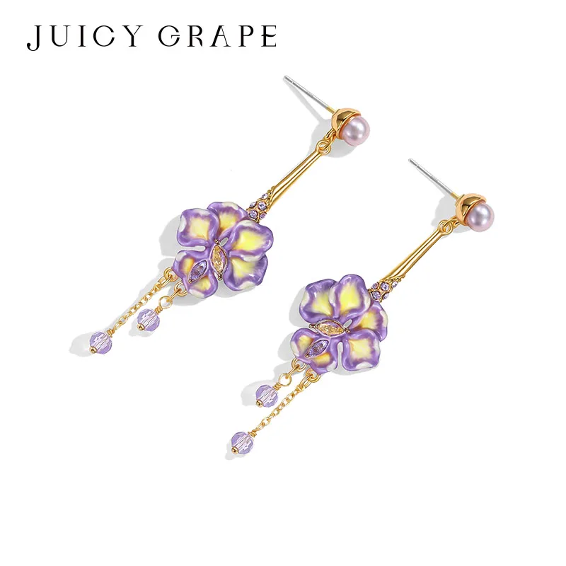Juicy Grape Hand Painted Enamel Iris Flower Dangle Earrings Set Purple Crystal Pearl Romantic Floral Jewelry Gift for Women
