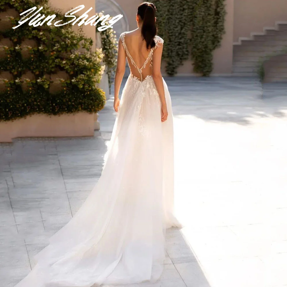 #YS73 YunShang Sexy Deep V-Neck Wedding Dress Cap Sleeve High Side Split Beach Backless Bride Gown Vestido De Novia Customized