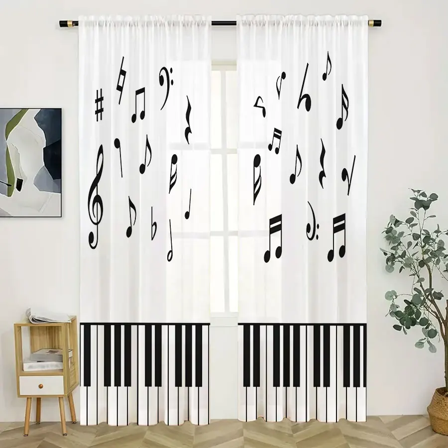 2PCS Digital Print Sheer Curtain, Piano Music Notes, Elegant Musical Artistic - Voile Drapes for Bedroom Living Room Decor