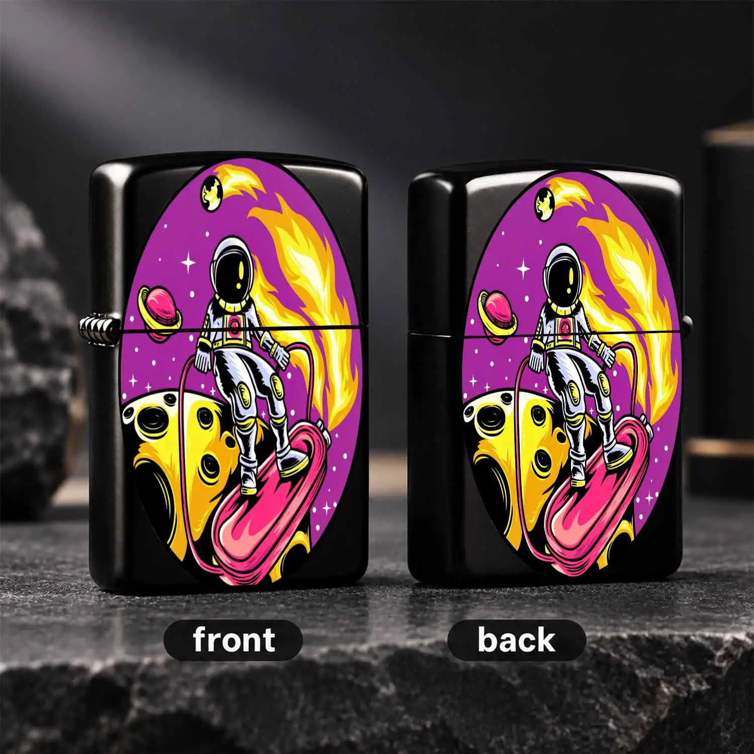 Creative Space Astronaut Surfing Themed Lightweight Lighter, Fun Interstellar Adventure Art Print, Portable For Outdoor Camping Daily Use, Unique Decorative Gift For Sci-Fi Enthusiasts Collectors A Humorous And Interesting Lighter