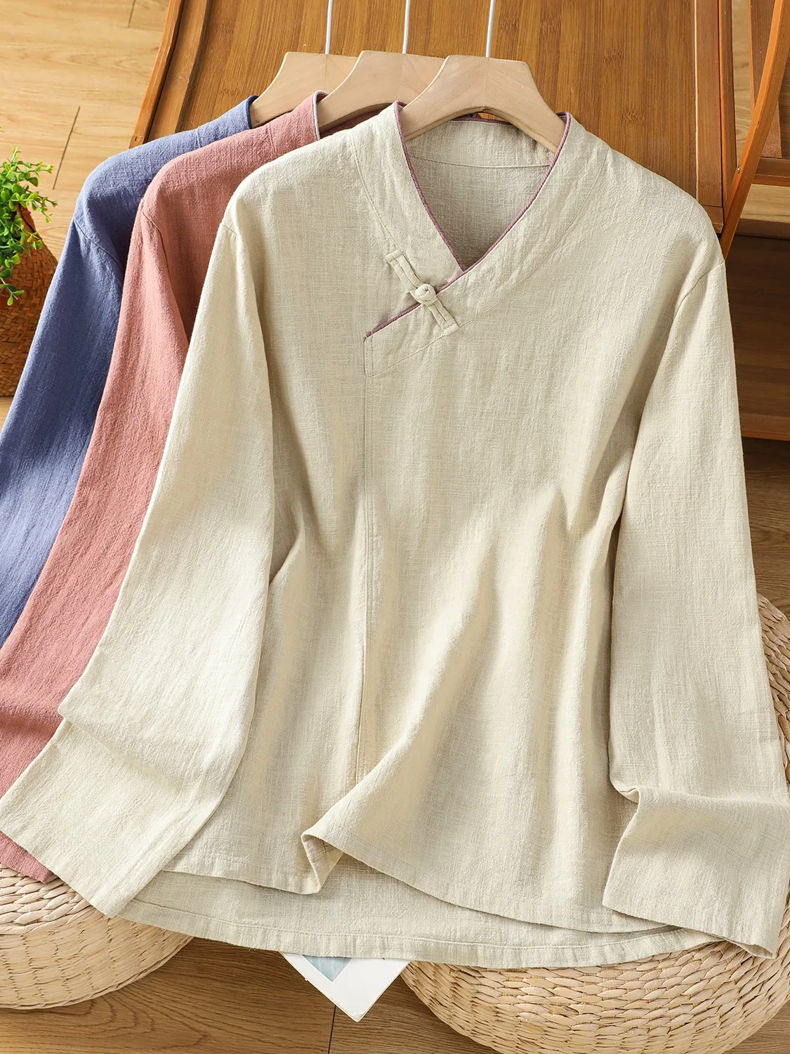 

Chinese Sle Vintage Long Sve Cotton Linen irt Women's Spring Zen Tea Costume Overhead Patchwork Top