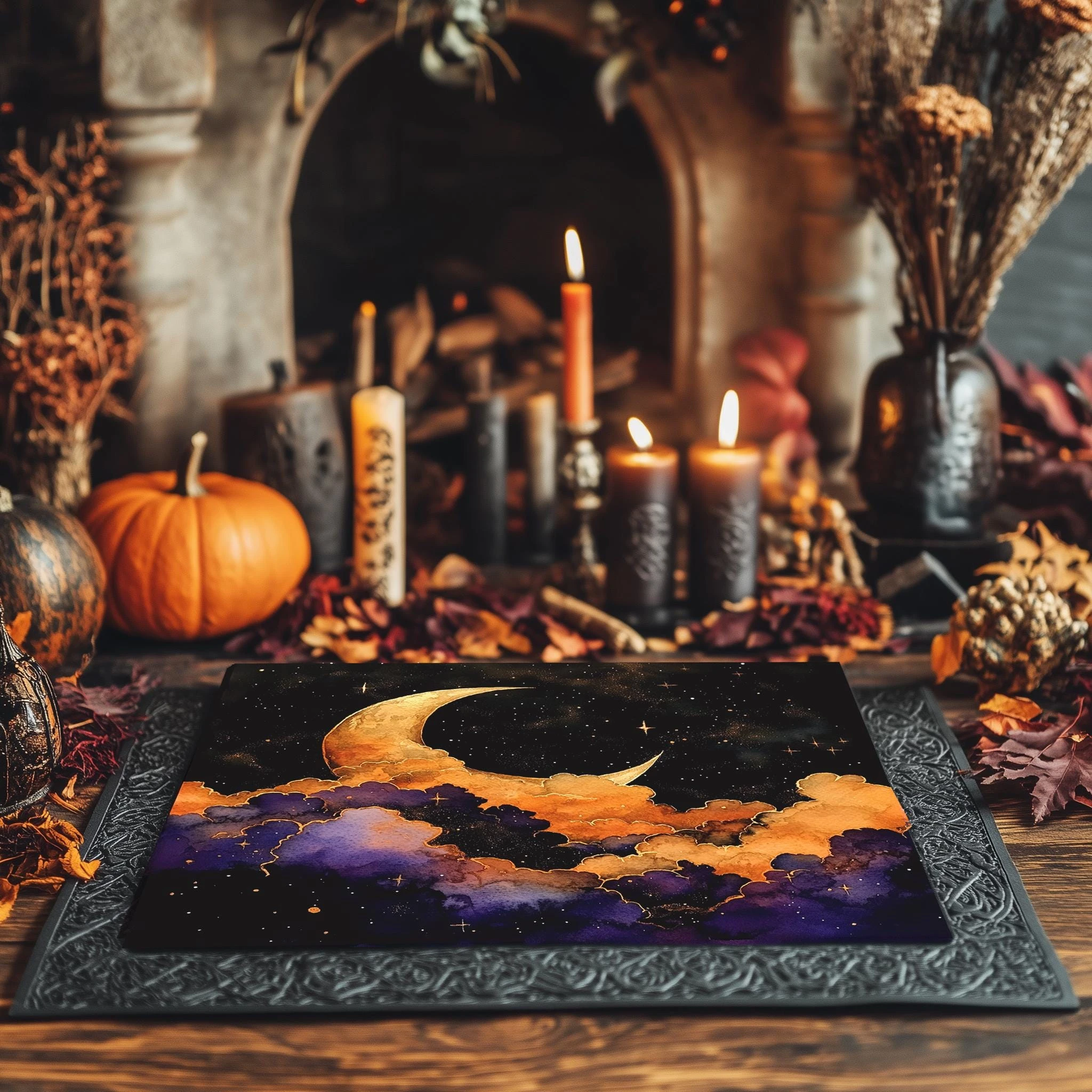 Mystical Crescent Moon Cloud Tarot Tablecloth, Witchy Celestial Altar Cloth for Divination Meditation Home Decor