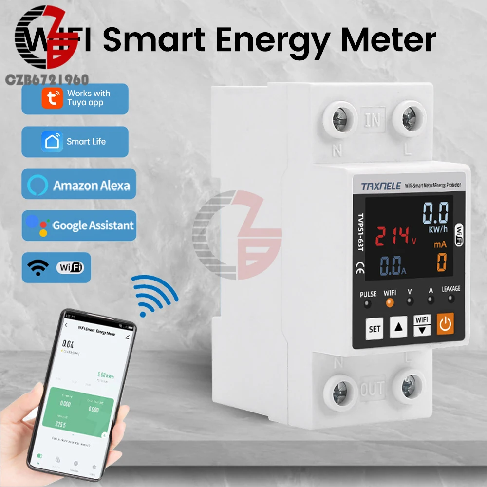 Din Rail Digital Voltmeter Power Energy Meter WiFi Smart Earth Leakage Over Under Voltage Protector Relay Device AC 85-300V 63A