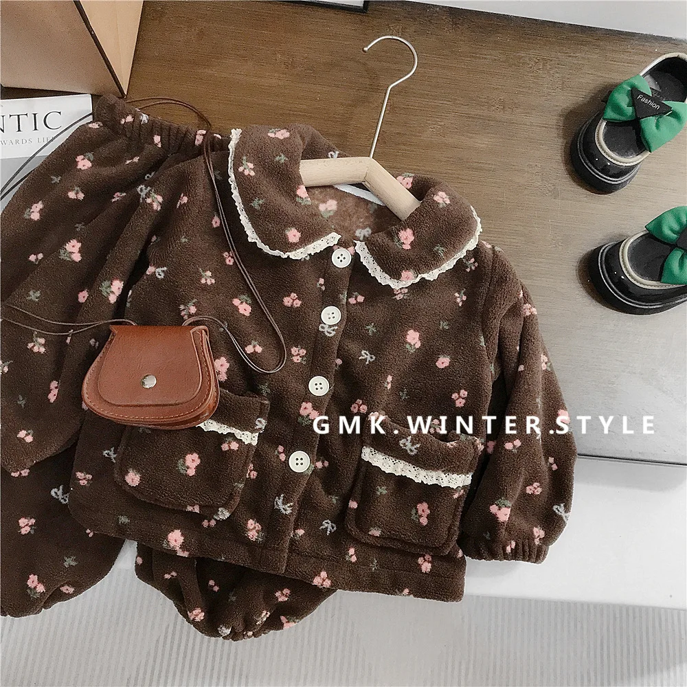 Girls Set 2026 Autumn and Winter New Children's Clothing Korean Style Girl Baby Thick Coral Velvet Floral Pajamas Two-piece Set
