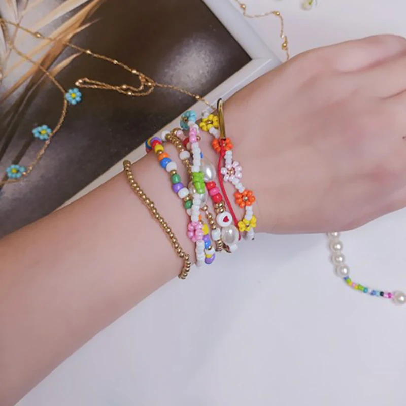 

Trend Y2k Jewelry Boho Ethnic Beaded Bracelets Set For Women Fashion Letters Imitation Pearl Flower Beads Bracelet Jewelry Gifts