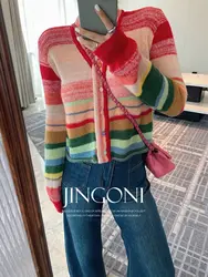 Striped Crop Thin Cardigan Woman Clothing 2024 Autumn Fall Y2k Outerwears Sweater Tops Knitwear Long Sleeve Korean Fashion Style