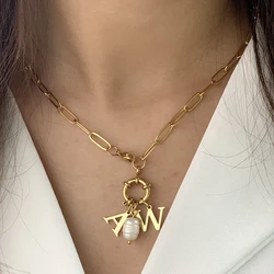 DIY Spring Buckle Necklace Stainless Steel Choker for Women Initial Letter of Freshwater Pearl Pendants for Women's Jewelry Sets