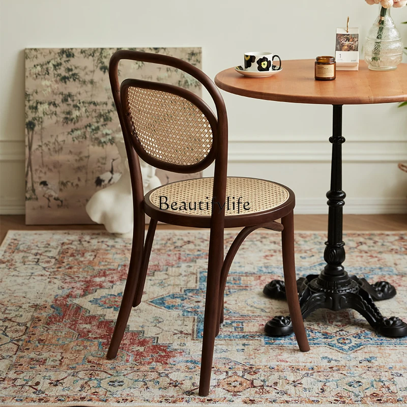 Retro Solid Wood Rattan Dining Chair French Modern Dining Chair